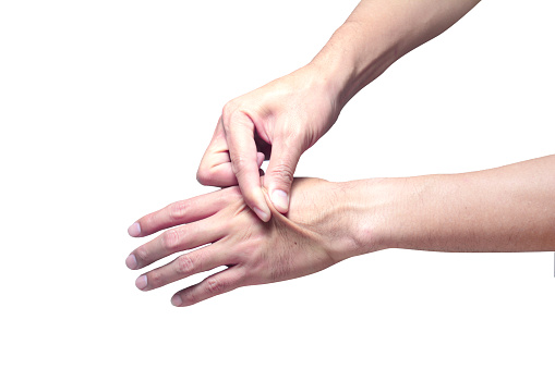 Pemeriksaan Elastisitas Kulit Tangan Kanan Menarik Kulit Di Bagian Belakang  Tangan Kiri Foto Stok - Unduh Gambar Sekarang - iStock